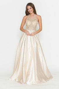 LA Merchandise LAF8181 Halter Lace Bodice A-Line Evening Gown with Sheer Illusion Neckline