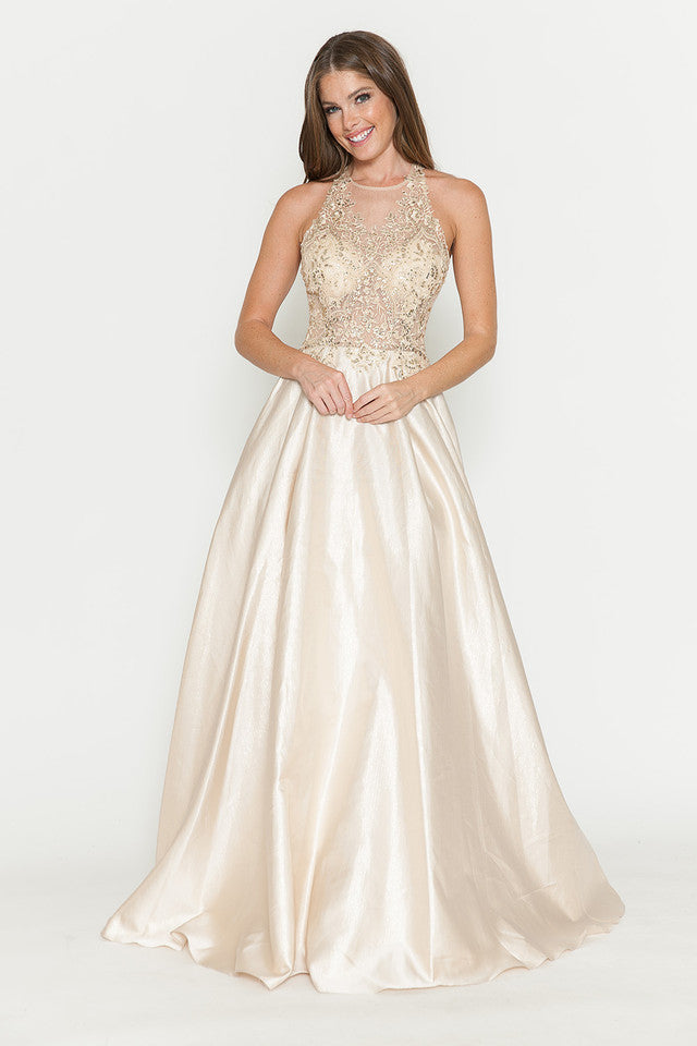 LA Merchandise LAF8181 Halter Lace Bodice A-Line Evening Gown with Sheer Illusion Neckline