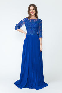 Pleated A-Line Dress with Lace Bodice & 3/4 Sleeves for Formal Events By LAF8145