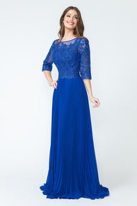 Pleated A-Line Dress with Lace Bodice & 3/4 Sleeves for Formal Events By LAF8145