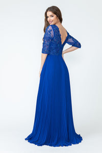 Pleated A-Line Dress with Lace Bodice & 3/4 Sleeves for Formal Events By LAF8145