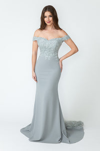 Off-Shoulder Lace Bodice Mermaid Gown with Sheer Back Train for Formal Events By LAF8134