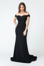 Load image into Gallery viewer, Off-Shoulder Lace Bodice Mermaid Gown with Sheer Back Train for Formal Events By LAF8134
