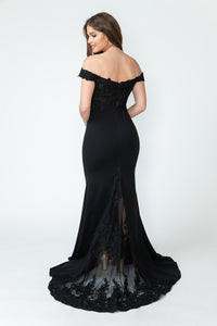Off-Shoulder Lace Bodice Mermaid Gown with Sheer Back Train for Formal Events By LAF8134