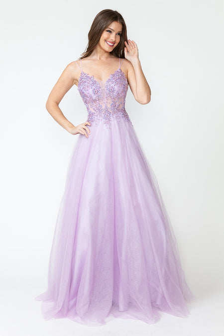 LA Merchandise LAF8182 Sheer Bodice & Floral Appliques Spaghetti Strap Tulle Dress