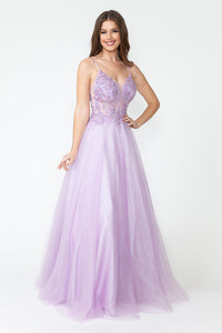 LA Merchandise LAF8182 Sheer Bodice & Floral Appliques Spaghetti Strap Tulle Dress