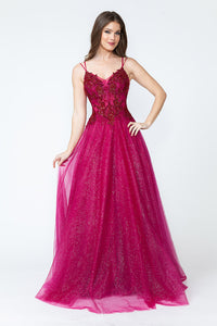 LA Merchandise LAF8182 Sheer Bodice & Floral Appliques Spaghetti Strap Tulle Dress