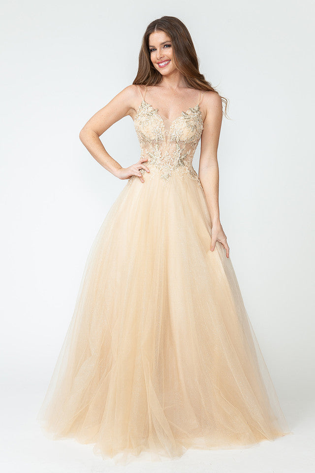 LA Merchandise LAF8182 Sheer Bodice & Floral Appliques Spaghetti Strap Tulle Dress