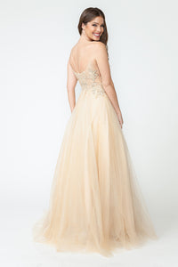LA Merchandise LAF8182 Sheer Bodice & Floral Appliques Spaghetti Strap Tulle Dress