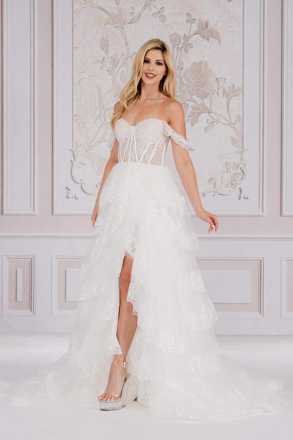 LA Merchandise LAATM1012B Off Shoulder Layered Wedding White Gown