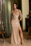 Load image into Gallery viewer, Wholesale 3/4 Illusion Sleeve Beaded Sequin Lace Appliqué Boned Evening Gown with Slit by LAF8484 - CHAMPAGNE - Dresses LAF