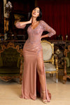 Load image into Gallery viewer, Wholesale 3/4 Illusion Sleeve Beaded Sequin Lace Appliqué Boned Evening Gown with Slit by LAF8484 - MAUVE - Dresses LAF