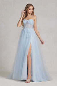 La Merchandise LAXJ1089 Open Back Tulle Prom Floral A-line Formal Gown - LIGHT BLUE - LA Merchandise