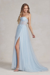 La Merchandise LAXJ1089 Open Back Tulle Prom Floral A-line Formal Gown - - LA Merchandise