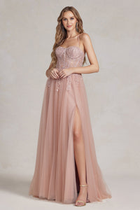 La Merchandise LAXJ1089 Open Back Tulle Prom Floral A-line Formal Gown - DUSTY ROSE - LA Merchandise