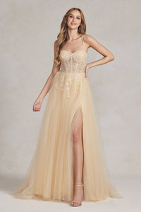 La Merchandise LAXJ1089 Open Back Tulle Prom Floral A-line Formal Gown - CHAMPAGNE - LA Merchandise