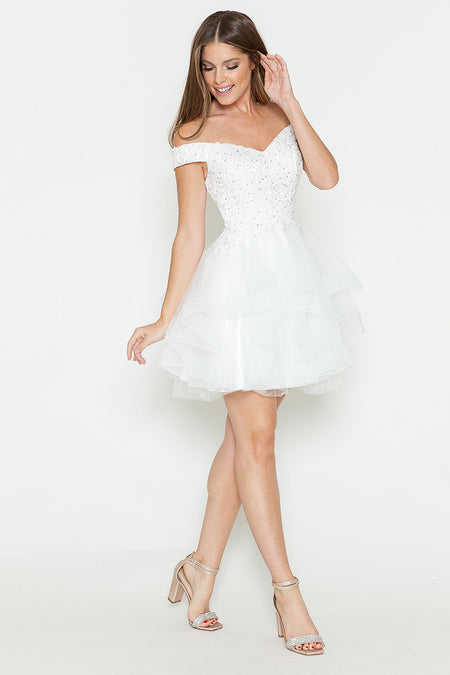 Off-Shoulder Sweetheart Lace Bodice Short Dress with Layered Tulle Skirt for Parties By LAF8130