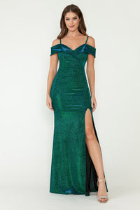 Shiny Off Shoulder Long Gown - LN5213 - HUNTER GREEN - LA Merchandise