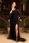 Load image into Gallery viewer, LAF8472 Wholesale Beaded Illusion Long Sleeve Sheath Sequin Evening Gown with Sheer Tulle Train