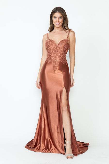 LA Merchandise LAF8175 Satin Lace Appliqué Slit Gown with Sheer Jacket Mother of the Bride Dress