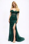 Load image into Gallery viewer, LAHTL3043C Wholesale Off-Shoulder Beaded Corset with Sheer Boned Bodice Fringe Sleeves &amp; Slit - HUNTER GREEN - Long Formal Dress LAH