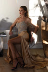 Load image into Gallery viewer, LAF8479 Wholesale Crystal Beaded Corset Satin Prom Dress with High Slit Lace-Up Back &amp; Sweep Train - CHAMPAGNE - Long Prom Dress LAF