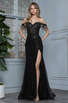 Load image into Gallery viewer, Wholesale Off-Shoulder Beaded Fringe Rhinestone Sheath Prom Dress with High Slit by LAL3362