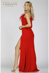 Load image into Gallery viewer, Terani Couture 231P0066 Clearance Red Size 10 Wholesale One Shoulder Feather Trim Evening Gown with High Slit - - Dress Terani Couture