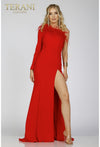 Load image into Gallery viewer, Terani Couture 231P0066 Clearance Red Size 10 Wholesale One Shoulder Feather Trim Evening Gown with High Slit - RED 10 - Dress Terani Couture