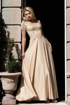 Load image into Gallery viewer, LAF8419 Wholesale Beaded Illusion Short Sleeve A-Line Evening Gown Corset Bodice Satin Dress