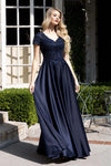 Load image into Gallery viewer, LAF8419 Wholesale Beaded Illusion Short Sleeve A-Line Evening Gown Corset Bodice Satin Dress