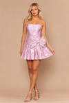 Load image into Gallery viewer, Wholesale Floral Jacquard Strapless Short Dress with Bow Accent &amp; Pleated Skirt by LAY26276