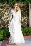 Load image into Gallery viewer, LAF8356 Wholesale Ivory 3/4 Sleeve Lace Evening Gown V-Neck Floral Embroidered Tulle Formal Dress - IVORY - Wedding Dress LAF