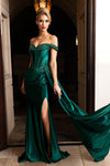 Load image into Gallery viewer, Wholesale Off-Shoulder Satin Corset Evening Gown with Beaded Lace Appliqué &amp; High Slit by LAF8496
