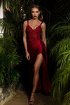 Cargar imagen en el visor de la galería, LAF8478 Wholesale Beaded Corset Satin Prom Evening Gown with High Slit &amp; Side Drape Train - CHERRY WINE - Long Prom Dress LAF