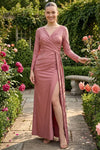 Load image into Gallery viewer, LAF3129 Wholesale Long Sleeve Satin Wrap Gown with Slit Ruched Surplice V-Neck Maxi Dress