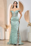Load image into Gallery viewer, Prom Dresses Long Formal Glitter Print Mermaid Prom Dress Sage