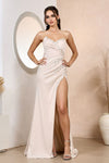 Load image into Gallery viewer, Prom Dresses Long Fitted Formal Beaded Applique Slit Prom Dress Champagne