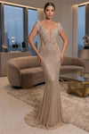 Load image into Gallery viewer, Terani Couture 251GL4345 Clearance Silver Nude Size 4 Wholesale Elegant Fitted Long Evening Gown – Silvee - - Dress Terani Couture