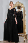 Load image into Gallery viewer, Wholesale V-Neck 3/4 Illusion Sleeve Lace Appliqué Sequin A-Line Evening Gown by LAL3247-03