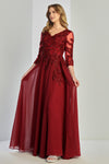 Load image into Gallery viewer, Wholesale V-Neck 3/4 Illusion Sleeve Lace Appliqué Sequin A-Line Evening Gown by LAL3247-03