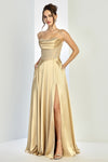 Load image into Gallery viewer, Prom Dresses Pleated A Line Long Formal Corset Pocket Pocket Dress Gold