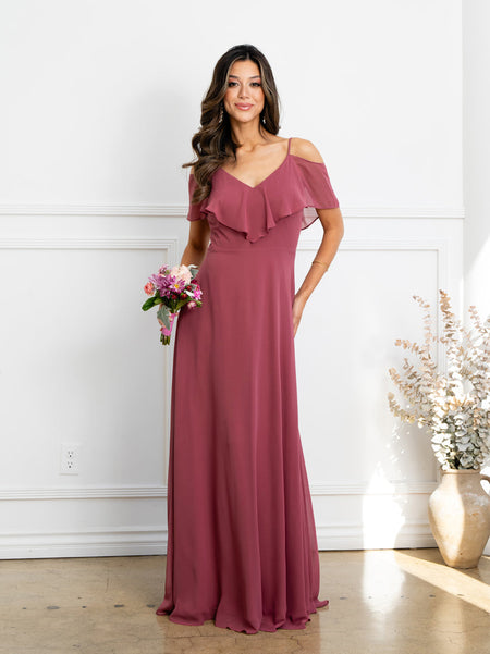 Wholesale Cold Shoulder Ruffle Chiffon Bridesmaid Dress By LAV3263