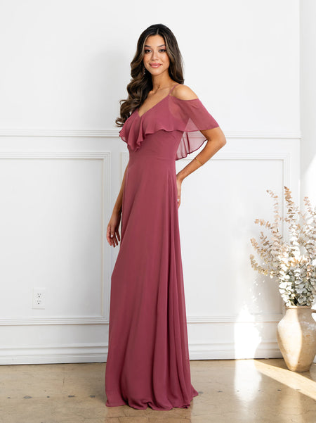 Wholesale Cold Shoulder Ruffle Chiffon Bridesmaid Dress By LAV3263