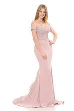 Load image into Gallery viewer, Off-Shoulder Lace Bodice Mermaid Gown with Sheer Back Train for Formal Events By LAF8134