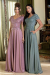 Load image into Gallery viewer, LAF8419 Wholesale Beaded Illusion Short Sleeve A-Line Evening Gown Corset Bodice Satin Dress