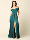 Load image into Gallery viewer, Off-Shoulder Satin A-Line Evening Gown With Slit By LA Merchandise LAV3355 - Hunter Green - Formal Dress LAV