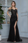 Load image into Gallery viewer, Wholesale Off-Shoulder Beaded Fringe Rhinestone Sheath Prom Dress with High Slit by LAL3362