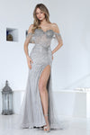Load image into Gallery viewer, Wholesale Off-Shoulder Beaded Fringe Rhinestone Sheath Prom Dress with High Slit by LAL3362
