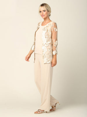 LA Merchandise LAV3426 3-Piece Mother of the Bride Pantsuit with Sheer Floral Jacket Elegant Evening Set